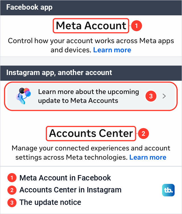 Two iPhone screens, one above the other, Meta Account in the Facebook app and Accounts Center in the Instagram app.