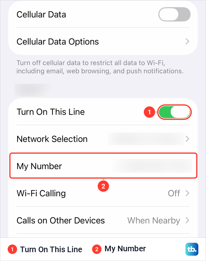 iPhone Cellular settings with Turn On This Line switched on and the My Number row below.