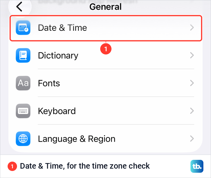Lower part of iPhone General settings with the Date and Time row highlighted.