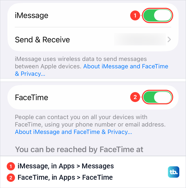 The iMessage switch in Messages settings next to the FaceTime switch in FaceTime settings on iPhone.