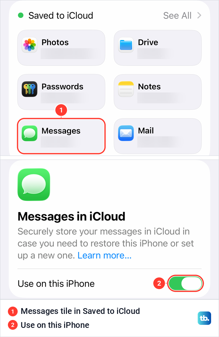 The Messages tile on the iPhone iCloud page and the Messages in iCloud page with Use on this iPhone turned on.