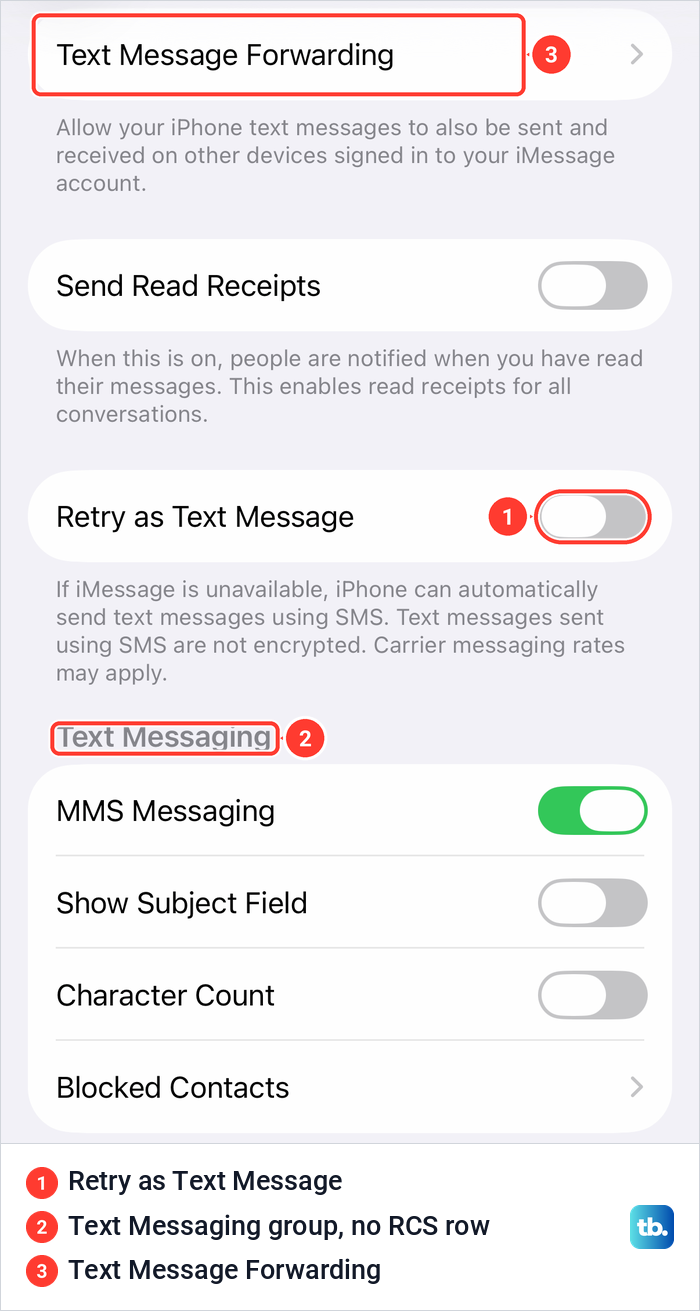 Lower part of iPhone Messages settings with the Retry as Text Message switch and the Text Messaging group.