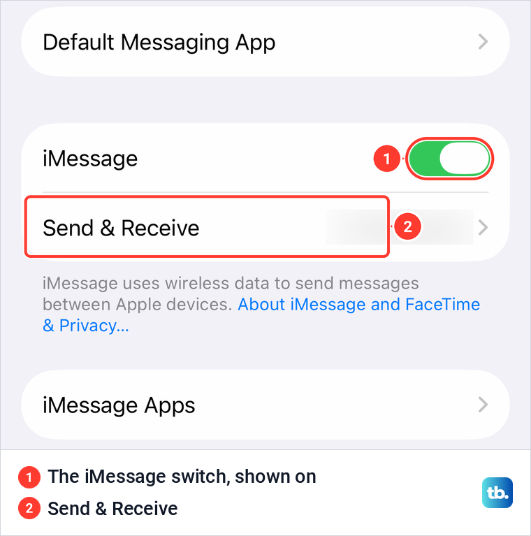 iPhone Messages settings with the iMessage switch turned on and the Send and Receive row below it.