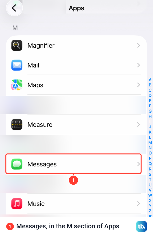iPhone Settings Apps list open at the M section with the Messages row highlighted.