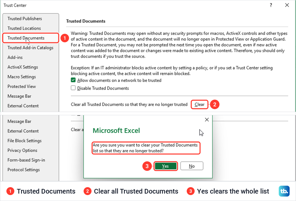 Excel Trust Center Trusted Documents page with the Clear button and the confirmation question.