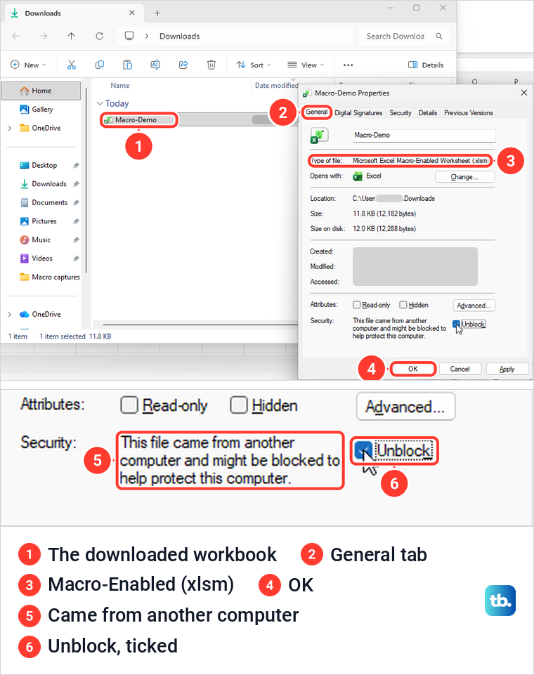 File Explorer Properties dialog for a downloaded Excel workbook, with a close-up of the ticked Unblock box.