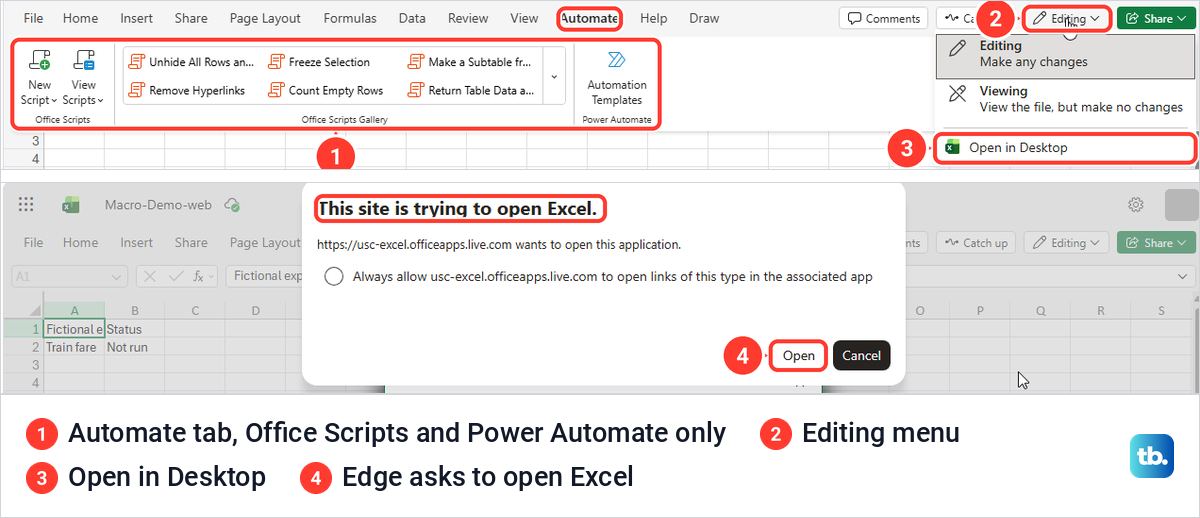 Excel for the web Automate tab and the Editing menu with Open in Desktop, then the Edge prompt.