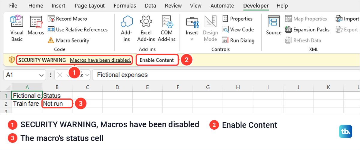 Excel workbook with the yellow SECURITY WARNING bar saying macros have been disabled and an Enable Content button.