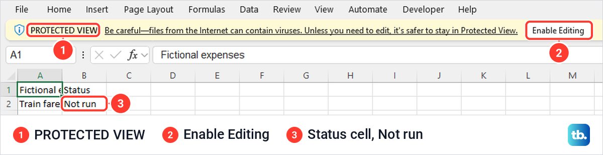 Excel showing a downloaded macro workbook in Protected View with an Enable Editing button.