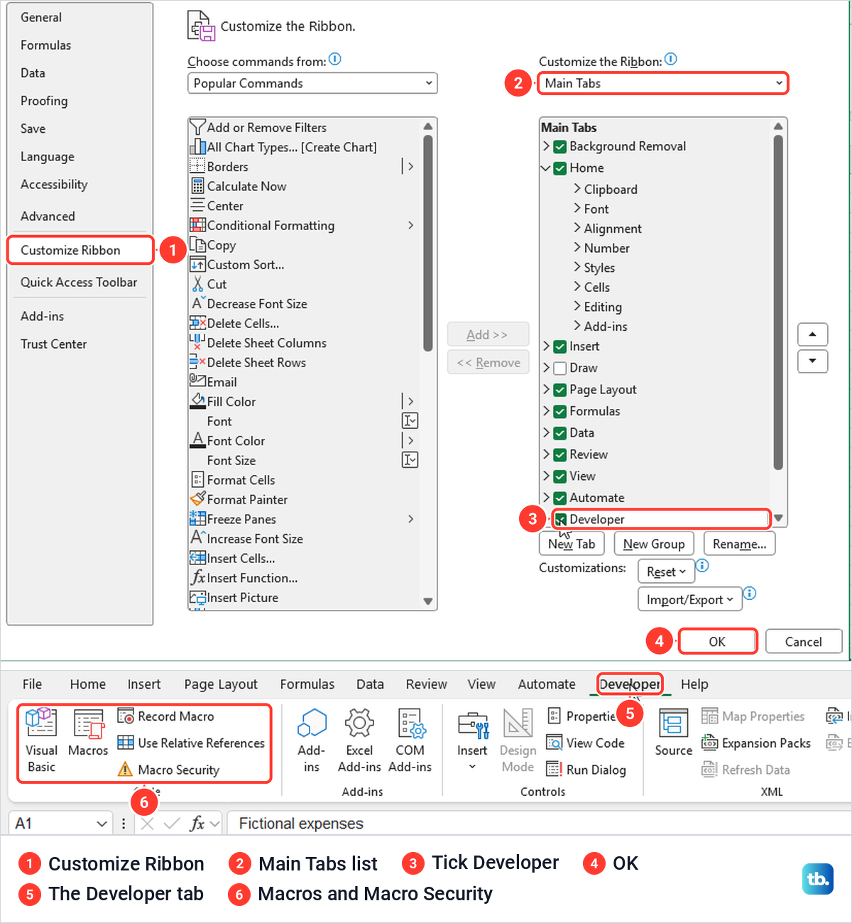 Excel Options Customize Ribbon page with Developer ticked, and the Developer tab shown on the ribbon.