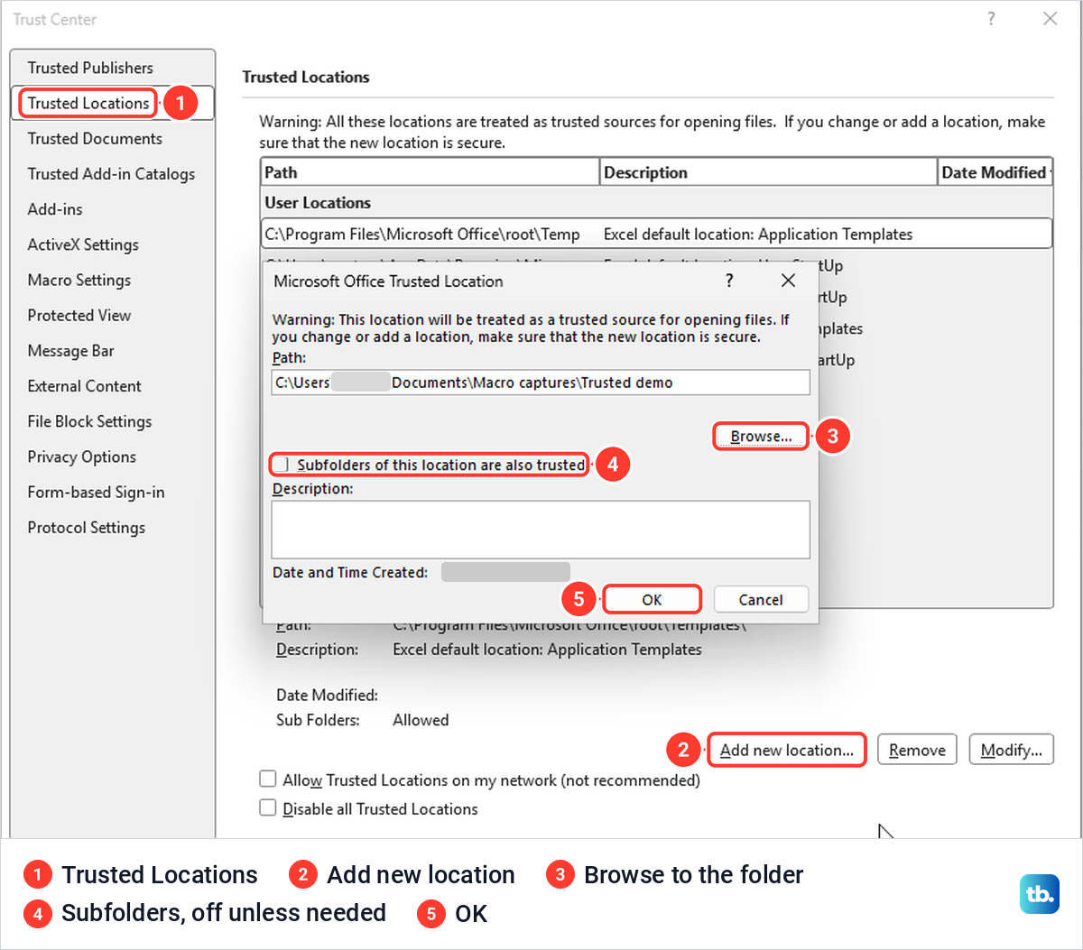 Excel Trust Center Trusted Locations page with the Microsoft Office Trusted Location dialog open.