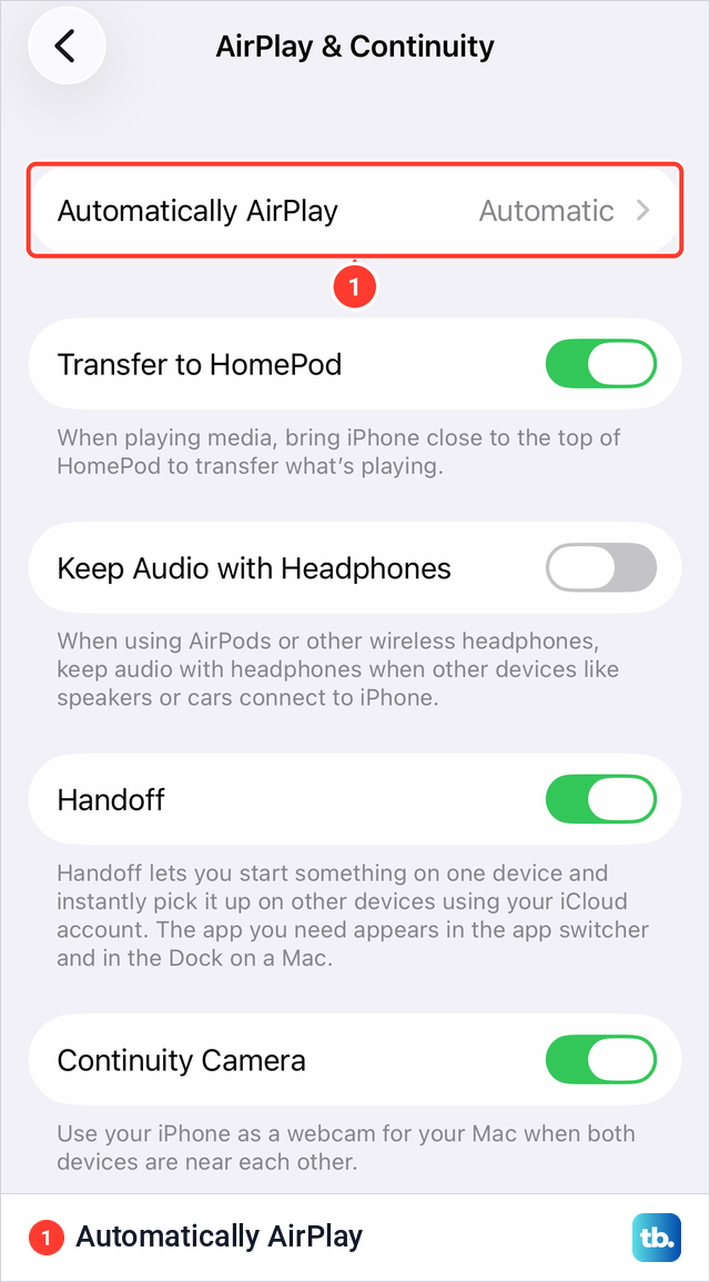 The iPhone AirPlay and Continuity settings page with Automatically AirPlay set to Automatic.