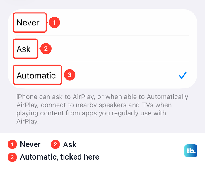 The iPhone Automatically AirPlay page with the Never, Ask and Automatic choices and Automatic ticked.