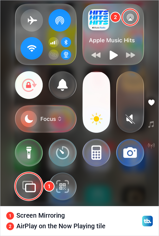 iPhone Control Center on iOS 26.6 with the Screen Mirroring button and the Now Playing AirPlay button marked.