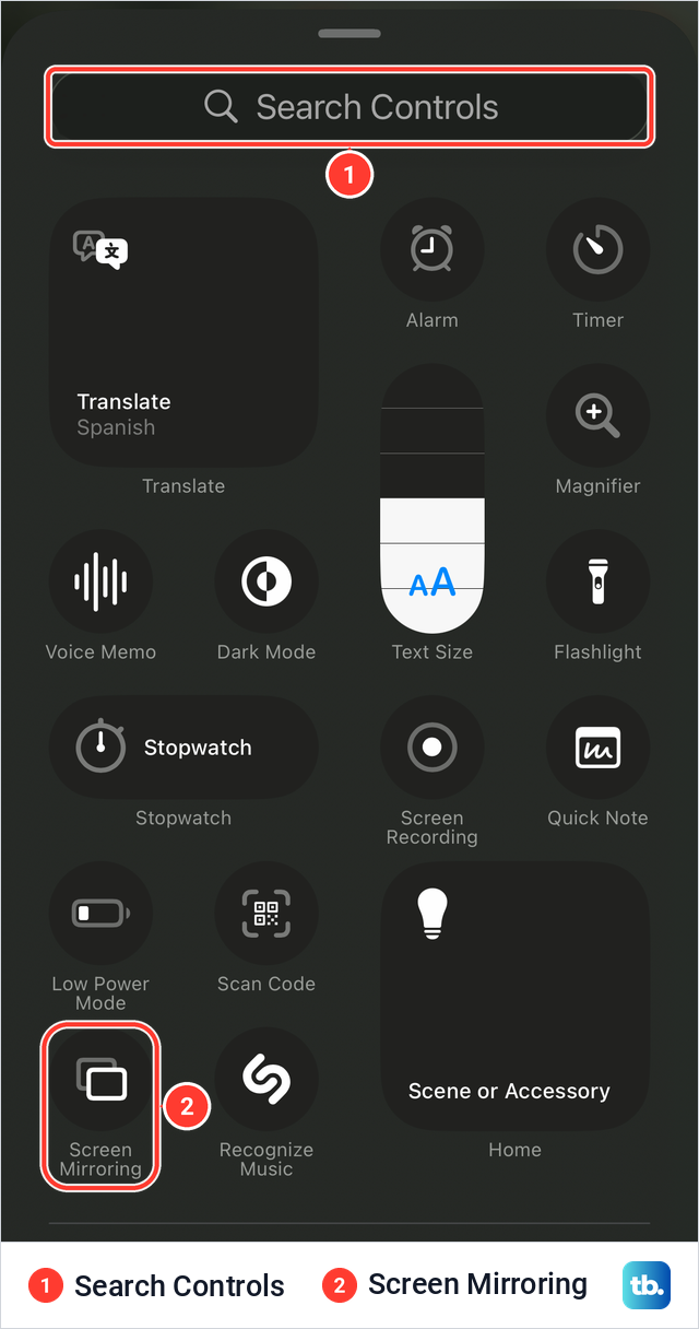 The iPhone controls gallery with Search Controls at the top and the Screen Mirroring tile among the system controls.