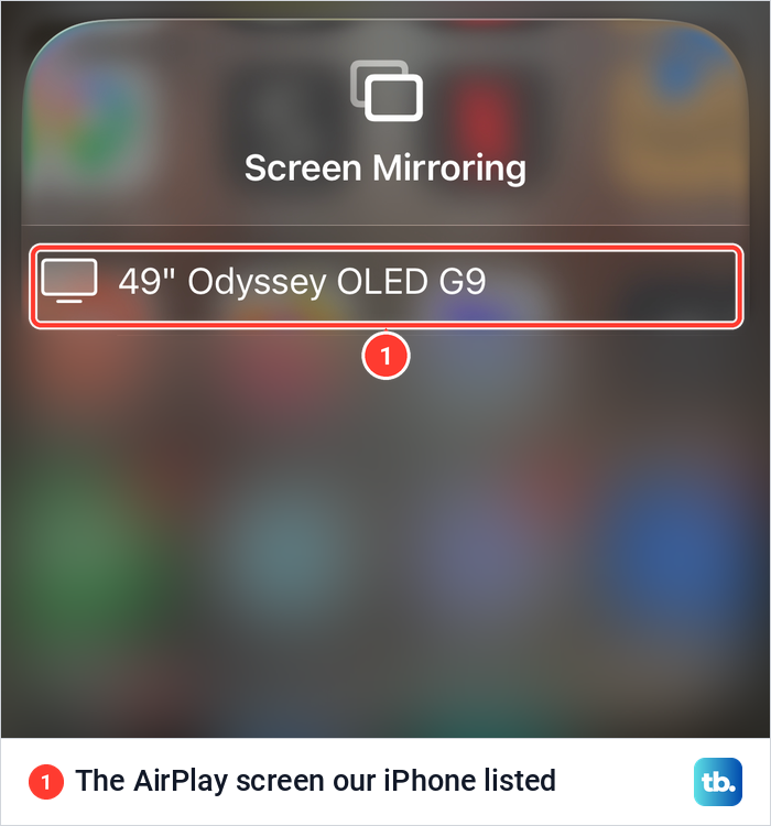 The iPhone Screen Mirroring panel listing one AirPlay screen, a Samsung Odyssey OLED G9 monitor.
