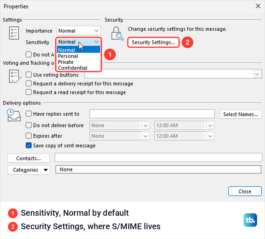 Classic Outlook Properties dialog with the Sensitivity list open on Normal, Personal, Private and Confidential.