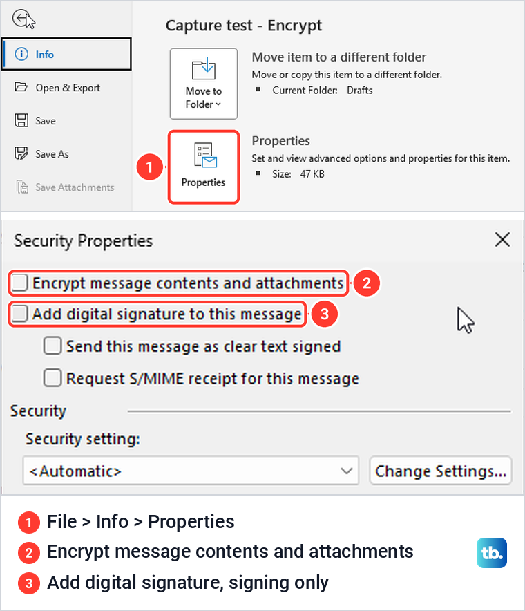 Classic Outlook message Properties button and the Security Properties dialog with the encrypt checkbox.
