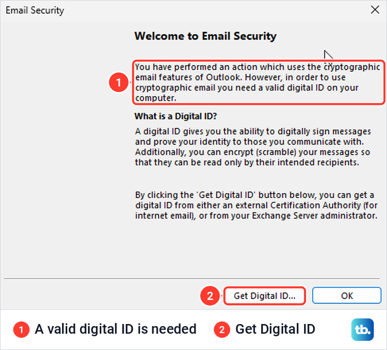 Outlook Welcome to Email Security dialog saying a valid digital ID is needed.