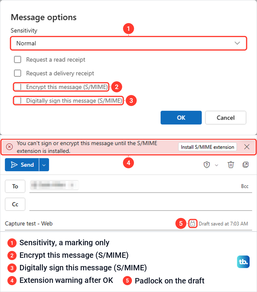 Outlook on the web Message options dialog with S/MIME boxes, then the S/MIME extension warning banner.