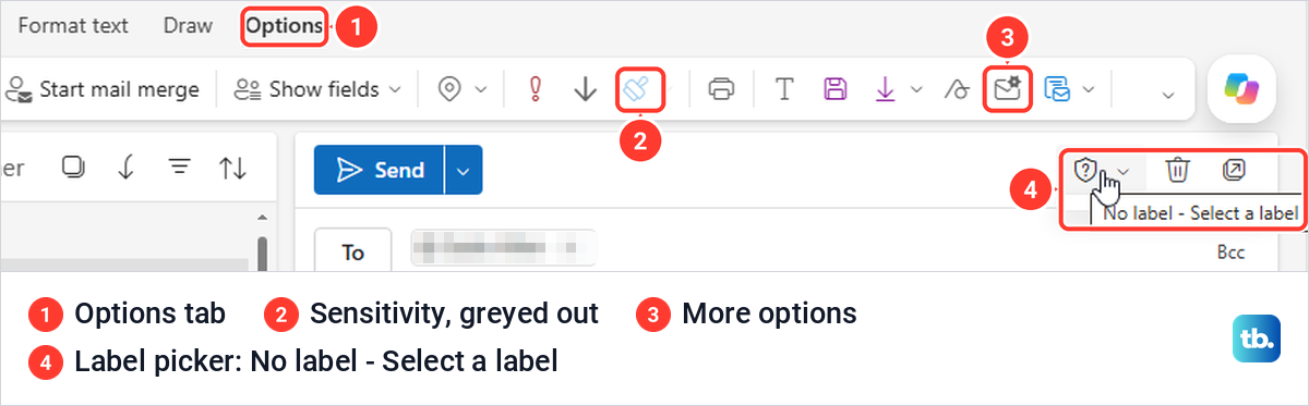 Outlook on the web Options tab with no Encrypt button, a greyed Sensitivity icon and a No label picker.