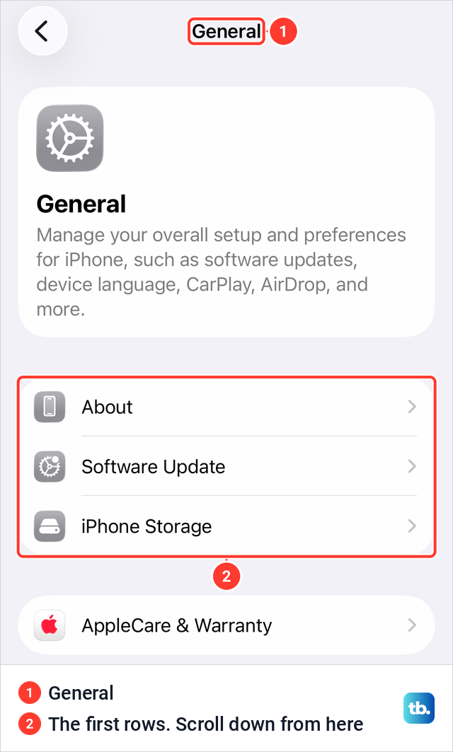 The General page in iPhone Settings with About, Software Update and iPhone Storage at the top.