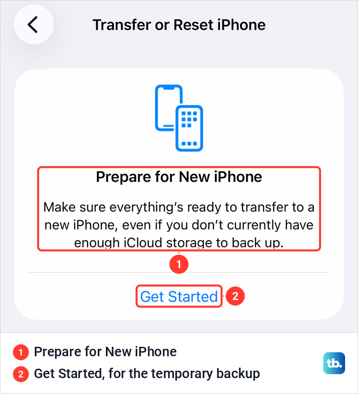 The Prepare for New iPhone card at the top of Transfer or Reset iPhone with its Get Started button.