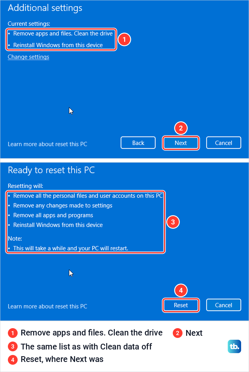 Additional settings with Clean the drive and Next, above Ready to reset this PC with Reset in the same spot.