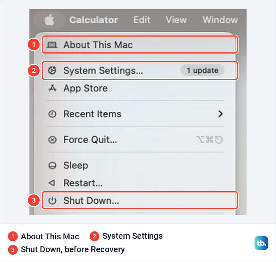 The macOS Tahoe Apple menu with About This Mac, System Settings and Shut Down marked.