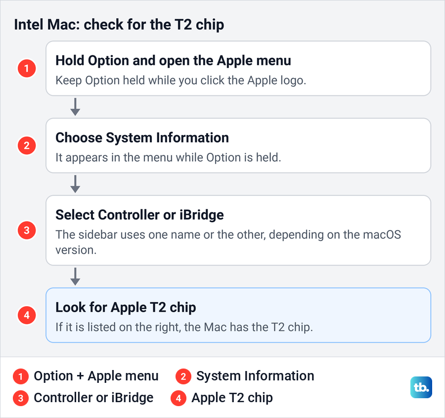 Four step diagram for checking an Intel Mac for the Apple T2 chip in System Information.