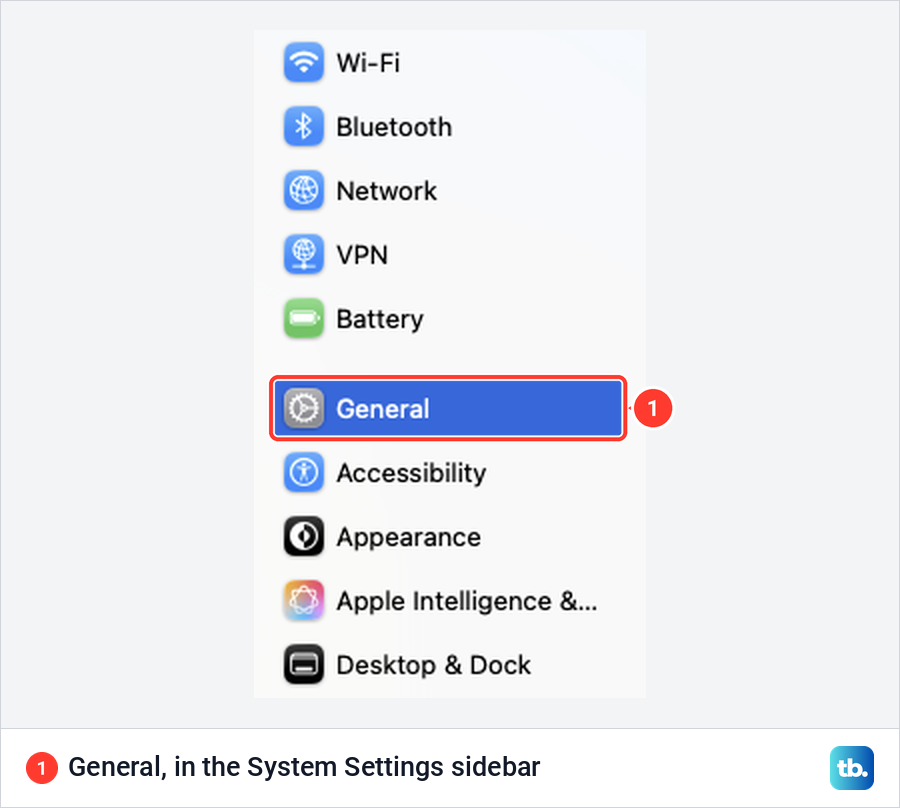 The macOS Tahoe System Settings sidebar with General selected under Battery.