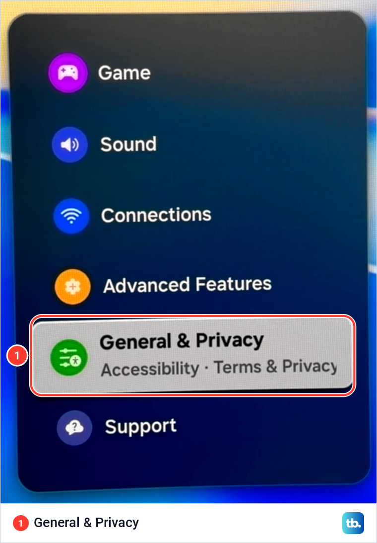The All Settings list on a Samsung Tizen screen with General and Privacy highlighted above Support.