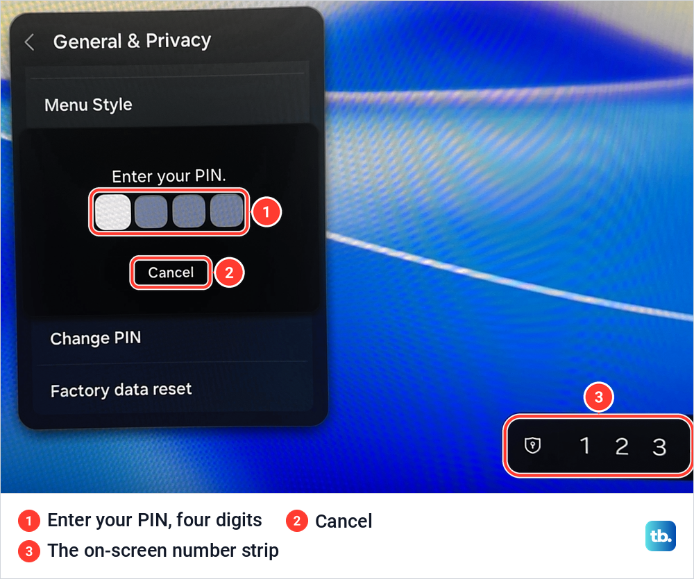 The Enter your PIN prompt with four empty boxes and a Cancel button, and a number strip at the bottom right.