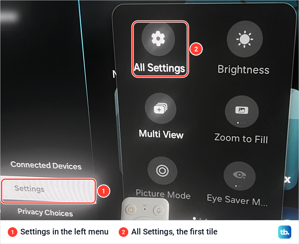 Samsung smart monitor home screen with Settings highlighted in the left menu and the All Settings tile in the quick panel.