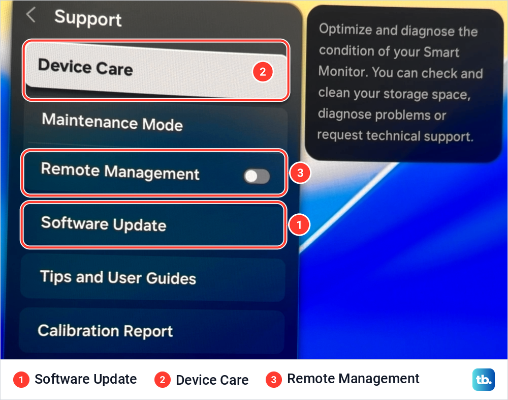 The Support menu on a Samsung smart monitor with Software Update, Device Care and Remote Management marked.