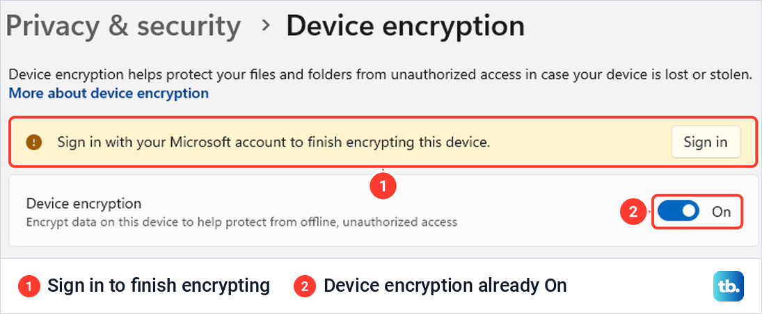 Windows 11 Device encryption page with the switch already On under a banner asking to sign in to finish encrypting.