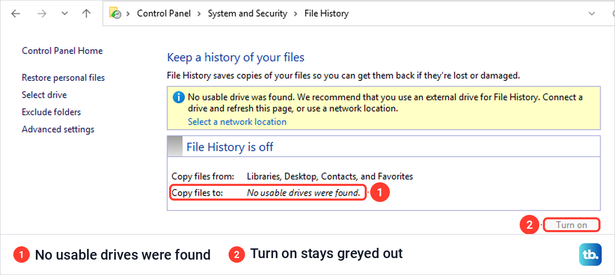 File History in Control Panel reporting No usable drives were found with the Turn on button greyed out.