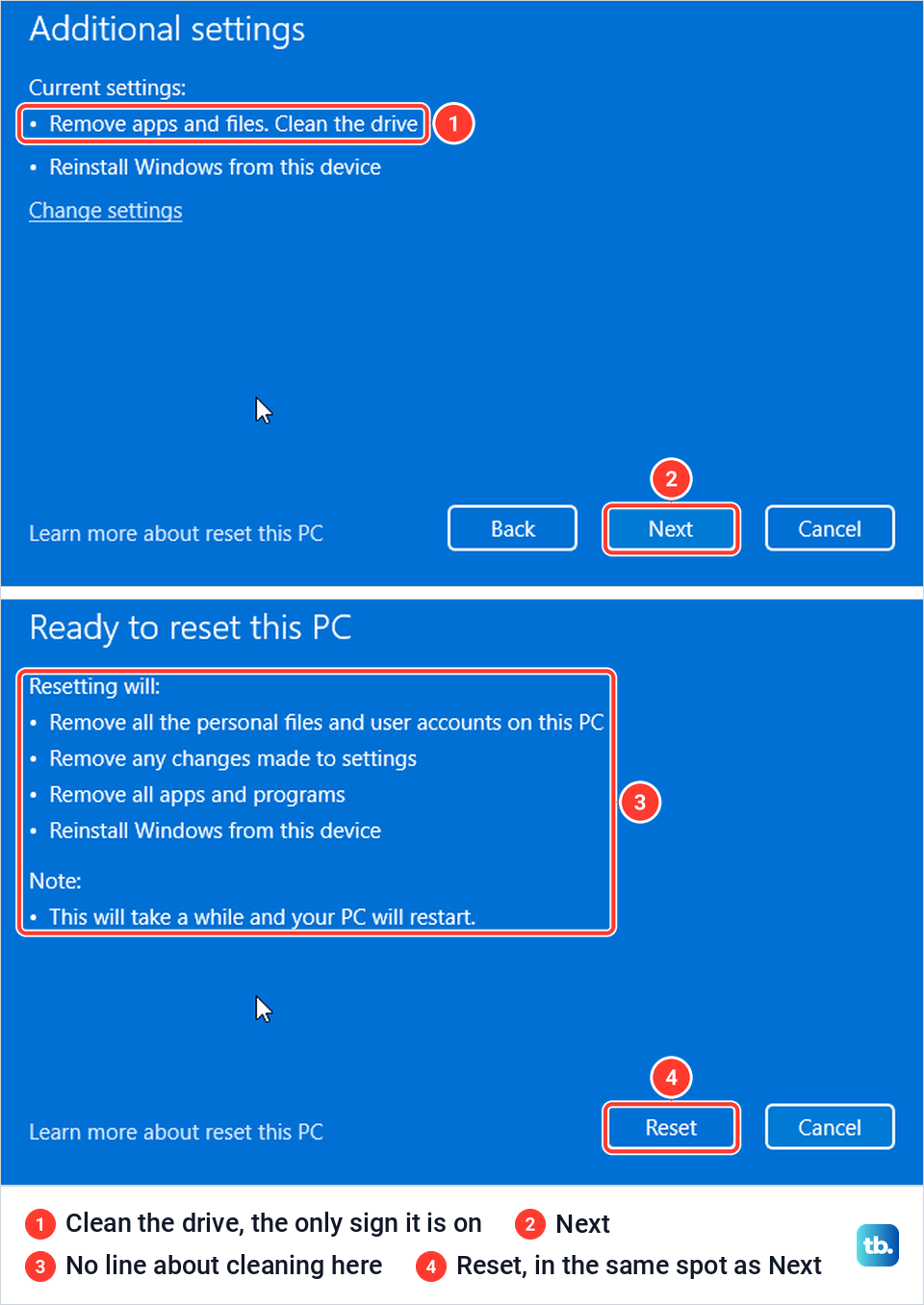 Additional settings listing Clean the drive above the Ready to reset this PC screen with Reset where Next was.