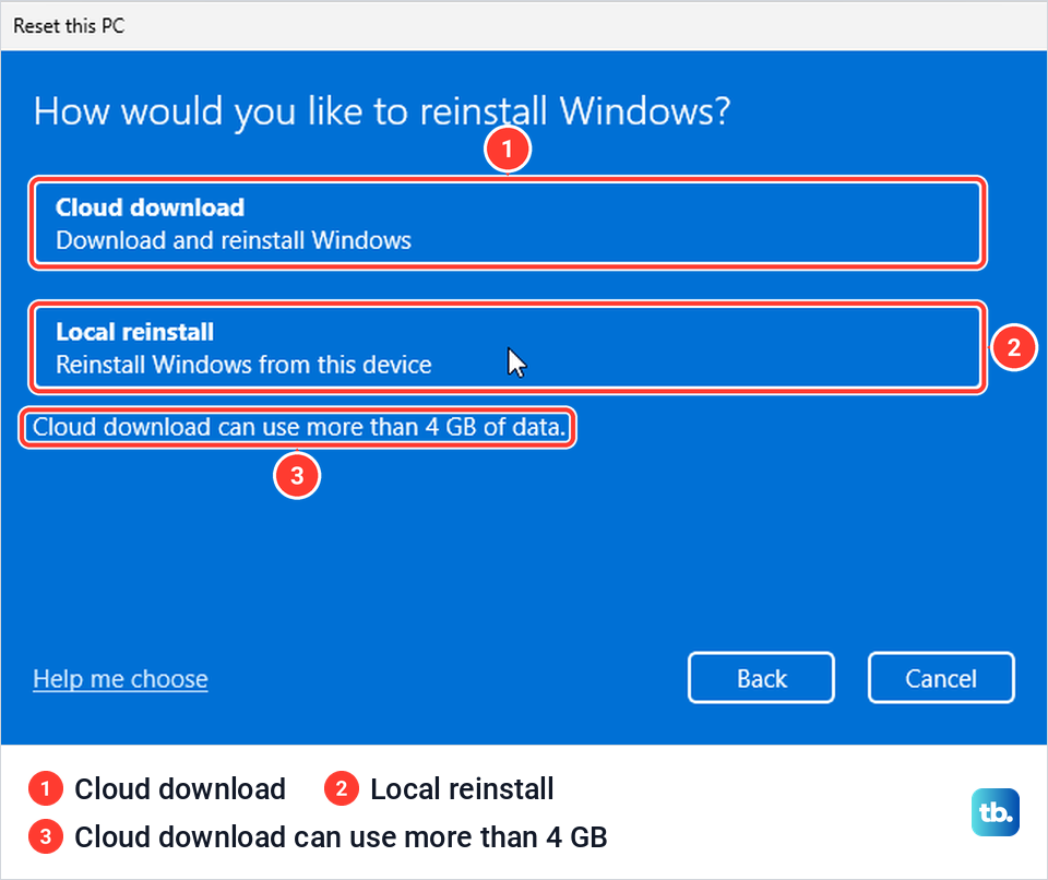 Reset this PC asking How would you like to reinstall Windows with Cloud download and Local reinstall.