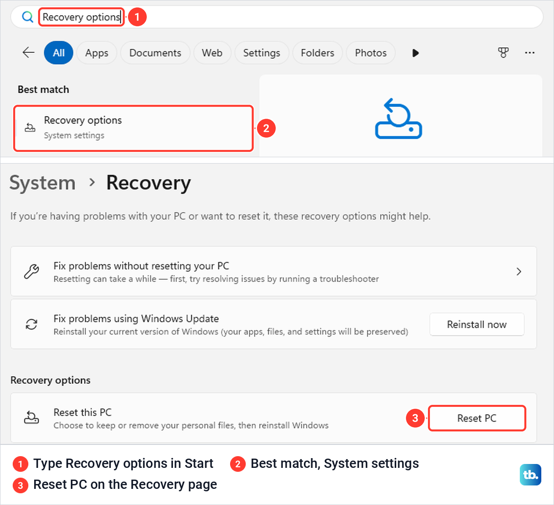 Windows 11 Start search for Recovery options above the Settings Recovery page with its Reset PC button.