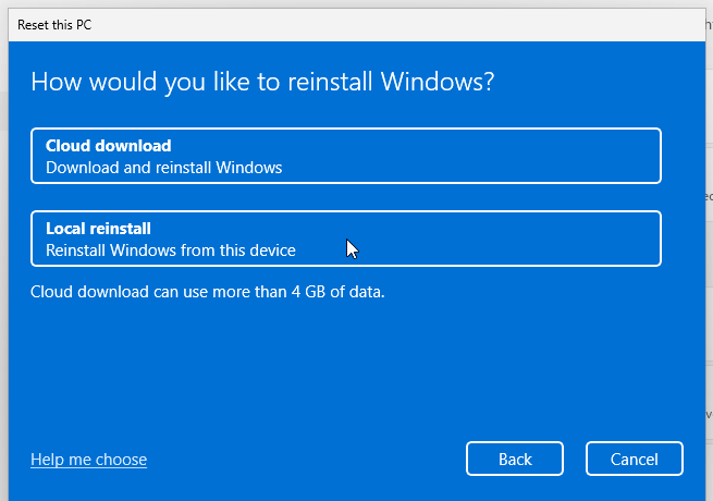 Windows 11 Reset this PC page How would you like to reinstall Windows with Cloud download and Local reinstall