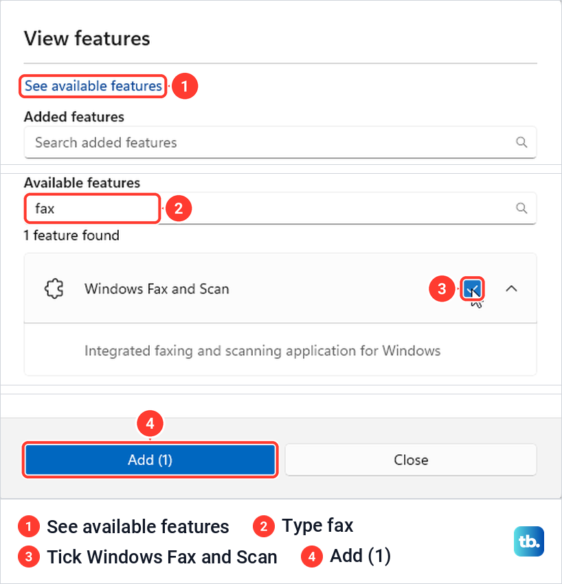 Windows 11 View features window with fax typed in the search box and Windows Fax and Scan ticked above the Add button.