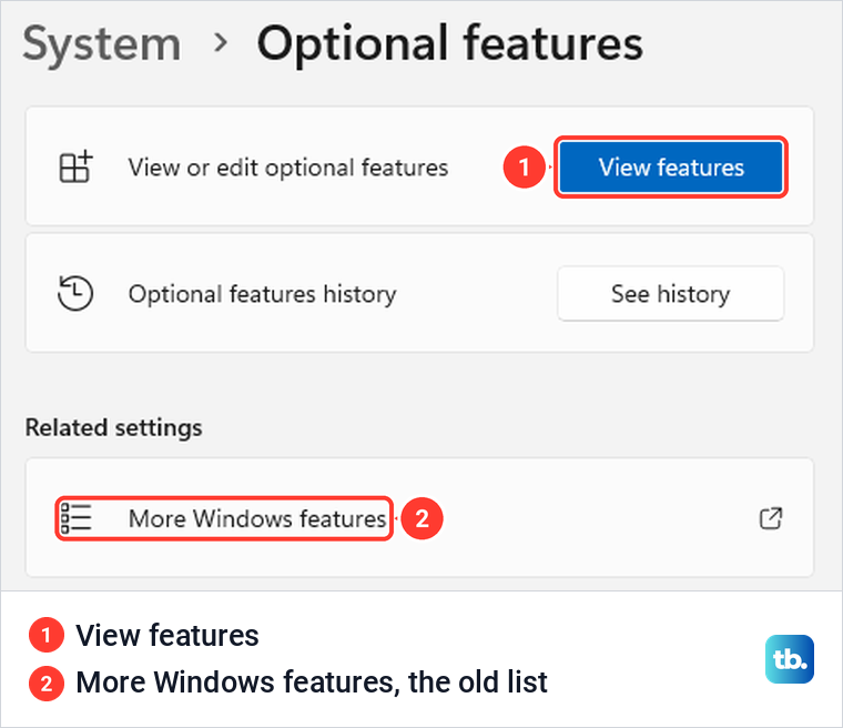 Windows 11 Settings on System, Optional features with the View features button and the More Windows features link.
