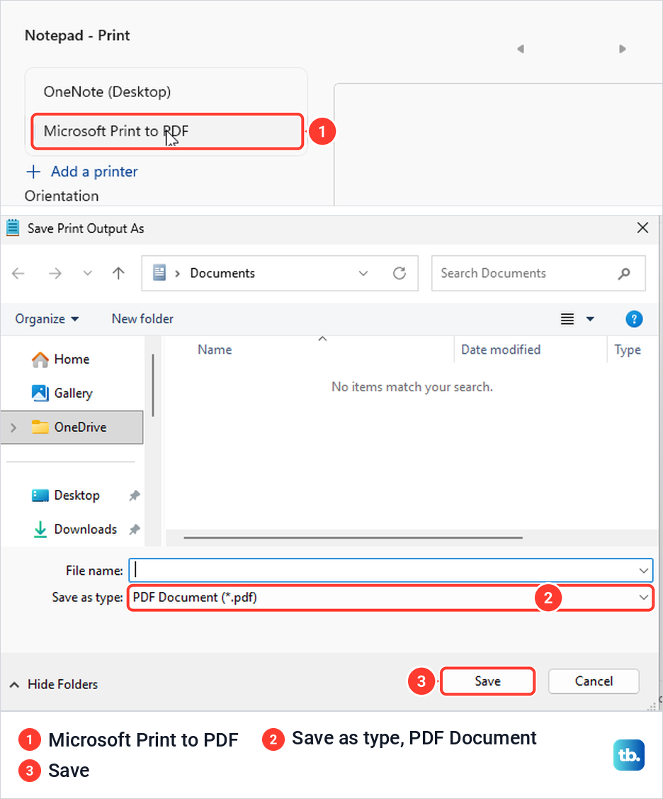 Notepad's Print dialog with Microsoft Print to PDF selected, above the Save Print Output As window set to PDF Document.