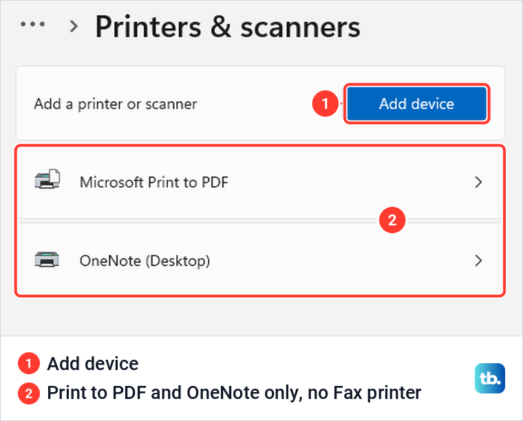 Windows 11 Printers and scanners page listing Microsoft Print to PDF and OneNote with no fax printer.