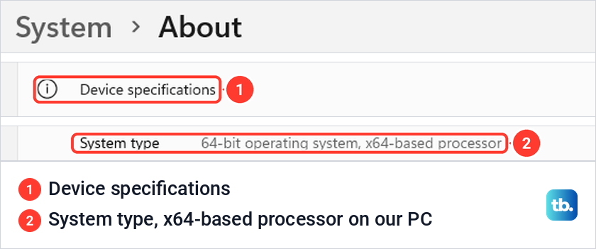 Windows 11 About page showing Device specifications and a System type line reading x64-based processor.