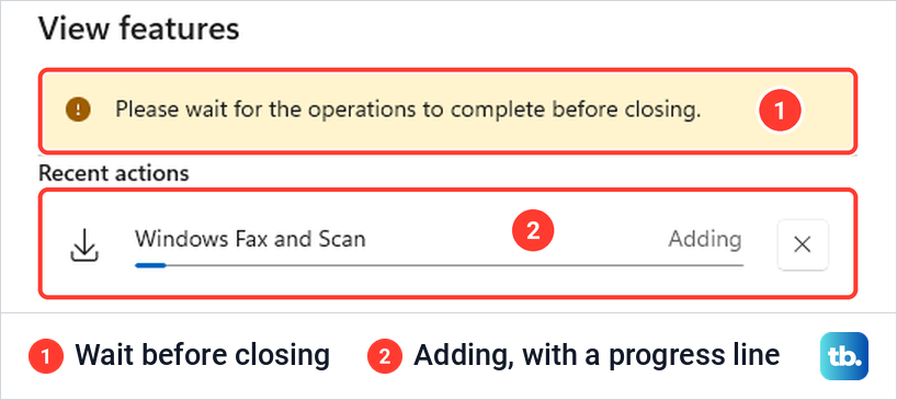 View features window showing Windows Fax and Scan being added with a wait message and progress line.