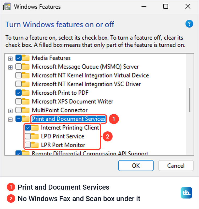Windows Features dialog with Print and Document Services expanded and no Windows Fax and Scan box.