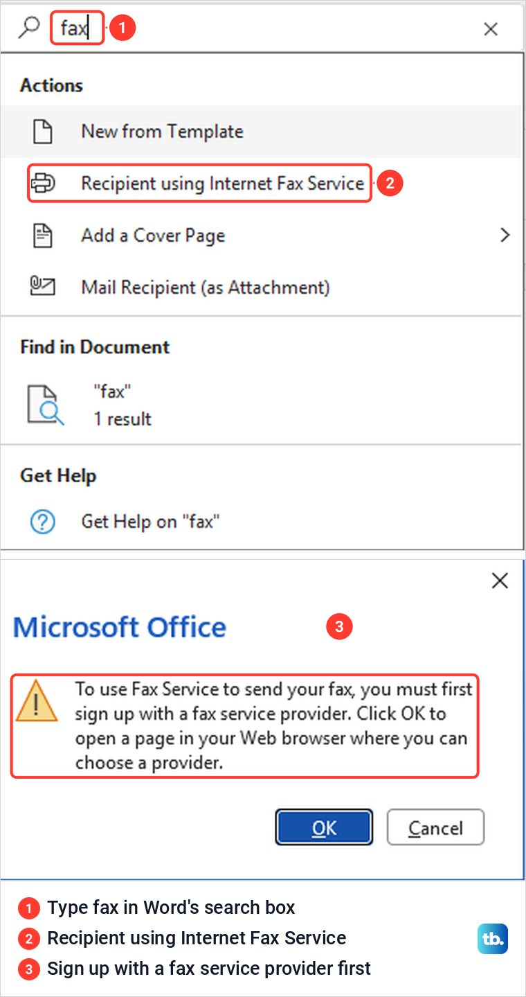 Word search results for fax with Recipient using Internet Fax Service, and the Microsoft Office message about a fax service provider.