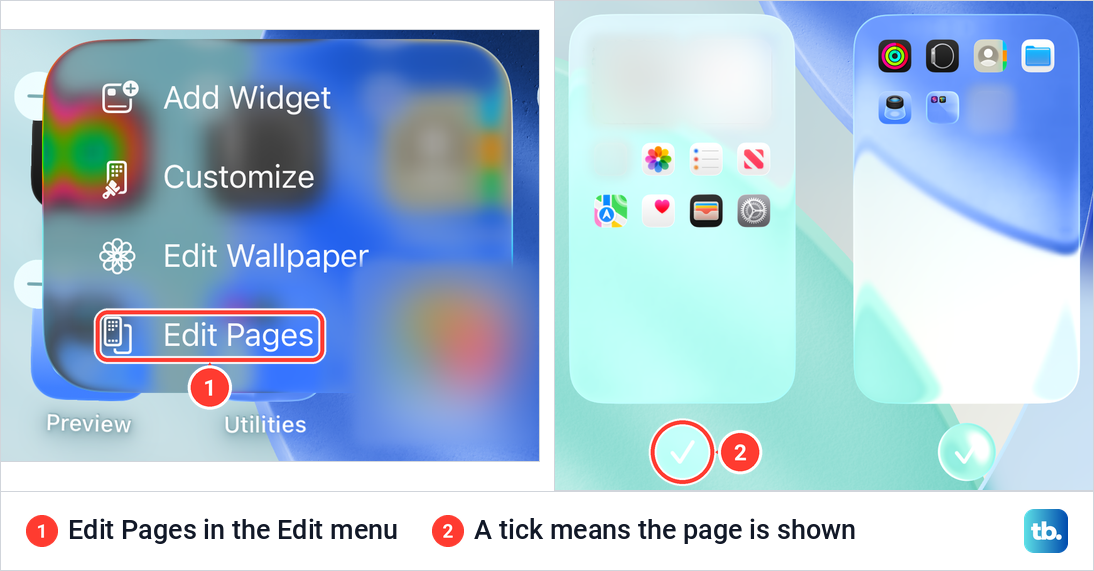 iPhone Home Screen Edit menu with Edit Pages, and the page thumbnails with checkmarks below them.